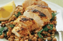 Chilli chicken with yoghurt lentil salad
