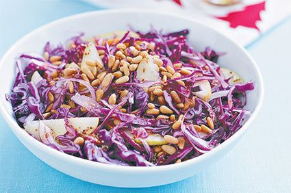 Red cabbage, red onion and pear salad