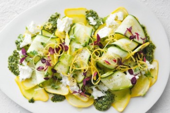 Zucchini and squash salad with fresh mint pesto and goat’s cheese