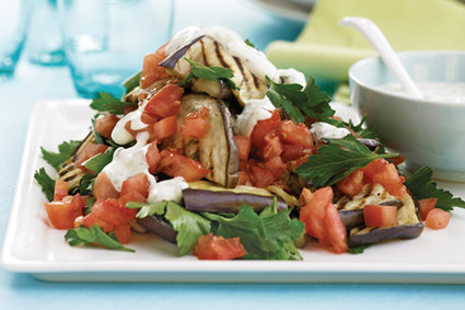 Eggplant, tomato and parsley salad with mint yoghurt dressing