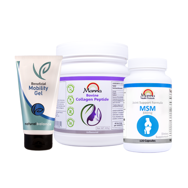 Manna Bovine Collagen tub alongside a tube of Manna Mobility Gel and a bottle of Manna MSM