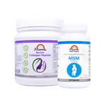 Two supplement bottles labeled 'Bovine Collagen Peptide' and 'MSM' on a transparent background.