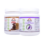 Two containers of Manna health products, one labeled as 'Manna Low GI Shake' with an image of chocolate and the other as 'Manna Bovine Collagen Peptide' with a white background