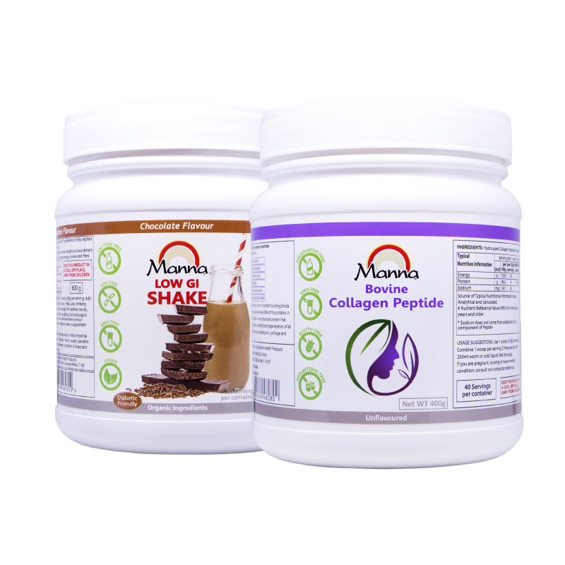 Two containers of Manna health products, one labeled as 'Manna Low GI Shake' with an image of chocolate and the other as 'Manna Bovine Collagen Peptide' with a white background