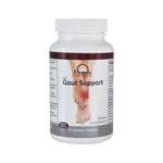 A bottle of Manna Gout Support dietary supplement with 90 capsules, featuring label with product information and an image of a foot with a bandage on it, indicating gout and arthritis support.