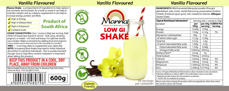Manna Low GI Shake vanilla flavor packaging with nutritional information and ingredients list.