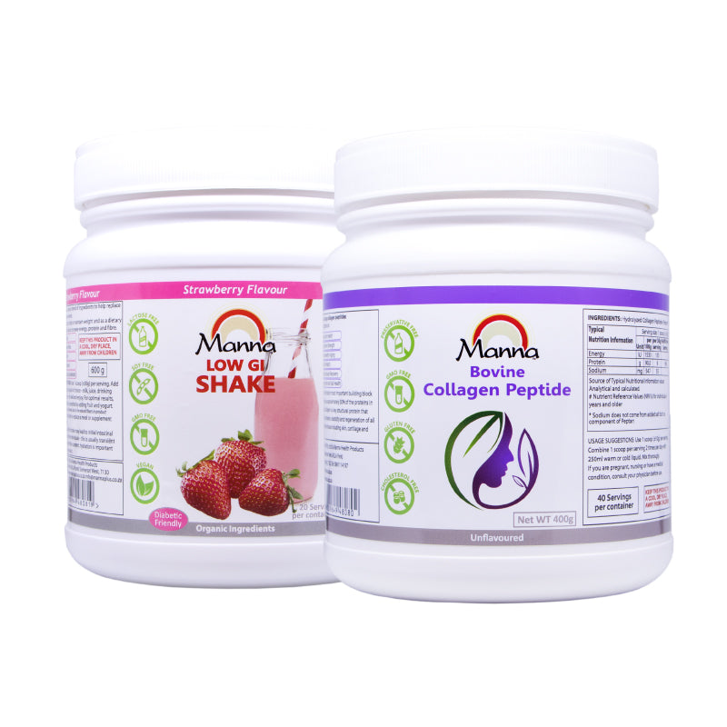 Two containers of Manna health products, one labeled as 'Manna Low GI Shake' with an image of strawberries and the other as 'Manna Bovine Collagen Peptide' with a white background.