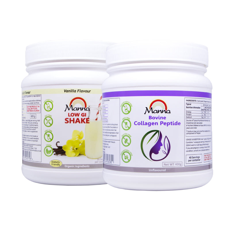 Two containers of Manna health products, one labeled as 'Manna Low GI Shake' with an image of vanilla flowers and pods and the other as 'Manna Bovine Collagen Peptide' with a white background.