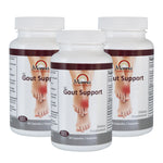 Three bottles of Manna Gout Support dietary supplement, designed for gout support and management.