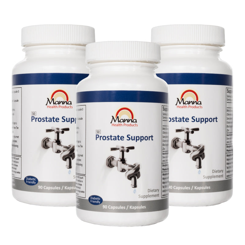 Three bottles of Manna Prostate Support dietary supplement, each bottle contains 90 capsules for prostate health.
