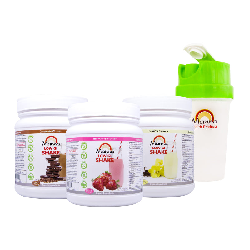 Three containers of Manna Low GI Shake in various flavors along with a free shaker cup.