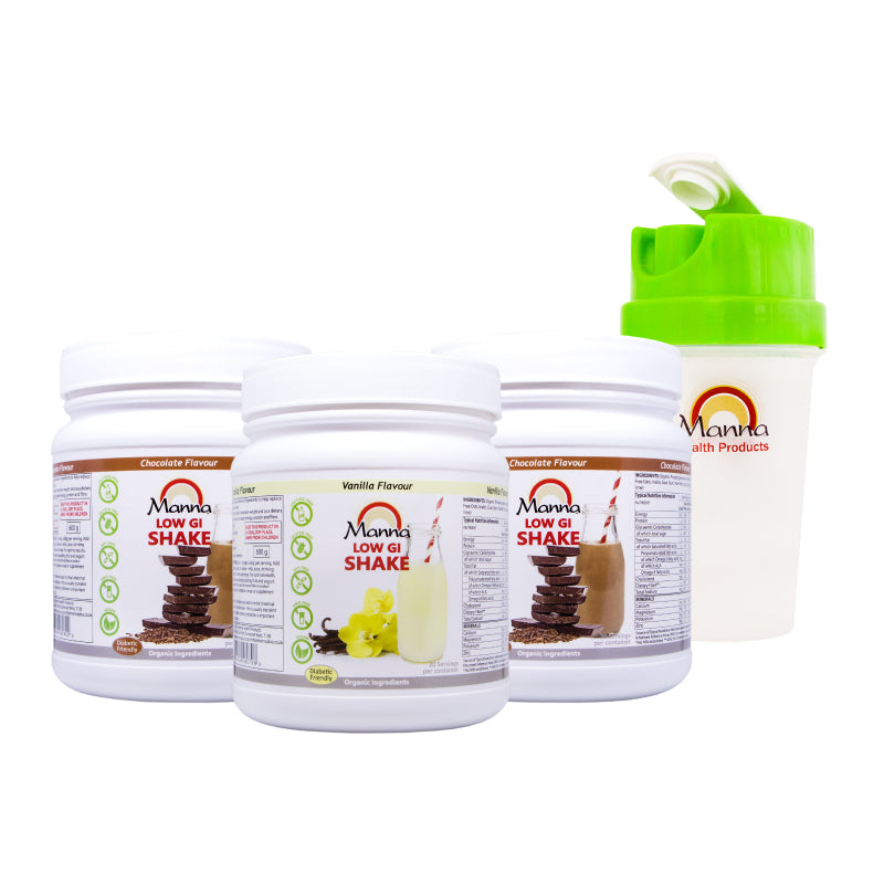 Three containers of Manna Low GI Shake in chocolate and vanilla flavours, along with a free shaker cup.