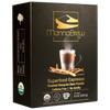 MannaBrew Superfood Espresso packaging with a latte and mesquite beans on a transparent background.
