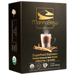 MannaBrew Superfood Espresso packaging with a latte and mesquite beans on a transparent background.