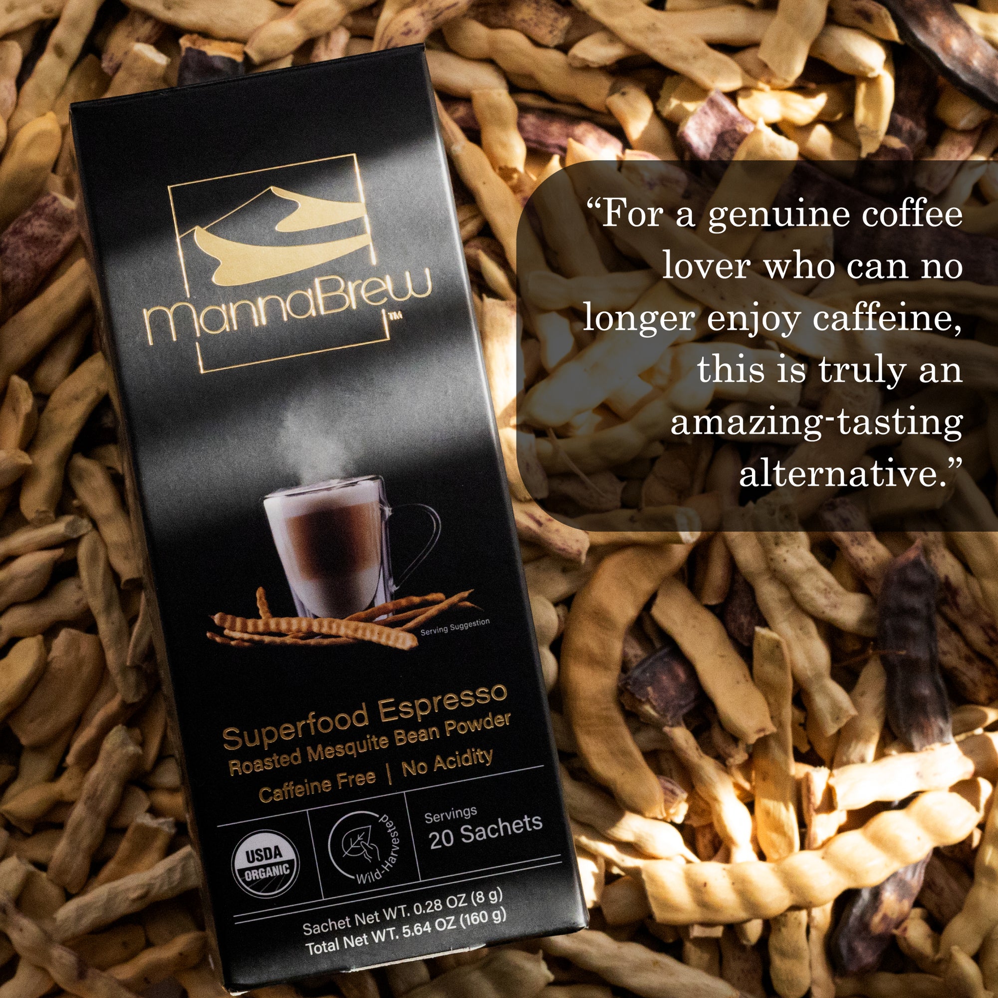 MannaBrew Superfood Espresso 20 Sachets package on a background of roasted mesquite beans.