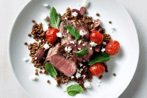 Beef with lentils, feta and mint