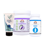 Manna Bovine Collagen tub alongside a tube of Manna Mobility Gel and a bottle of Manna MSM