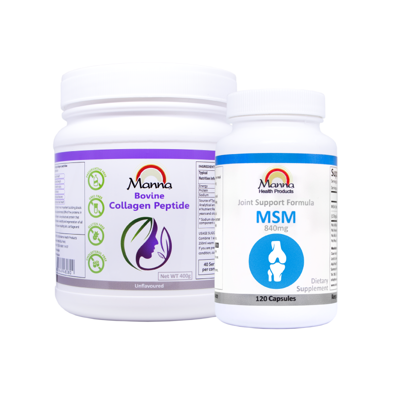 Two supplement bottles labeled 'Bovine Collagen Peptide' and 'MSM' on a transparent background.