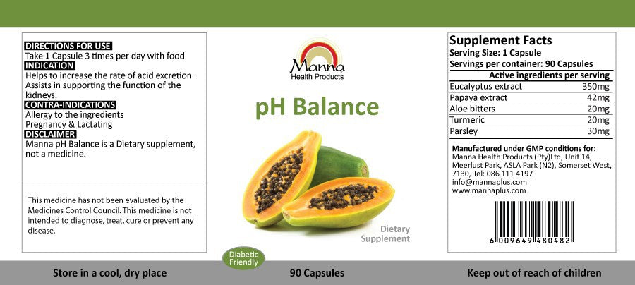 Supplement label for pH Balance dietary supplement with papaya extract and other ingredients.