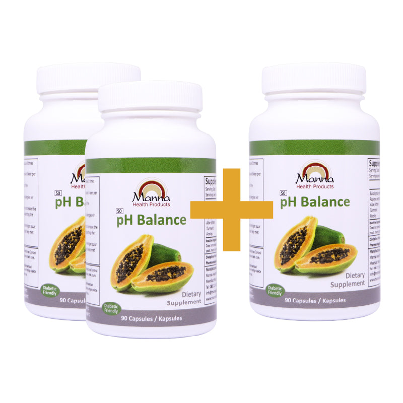Three bottles of Manna pH Balance dietary supplement capsules, with an offer to get one bottle for free. The bottles are white with green and black labeling featuring images of papayas.