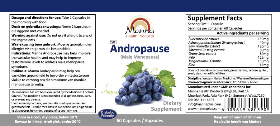 Manna Andropause Support natural supplement label for energy, mood balance, and hormone support in men