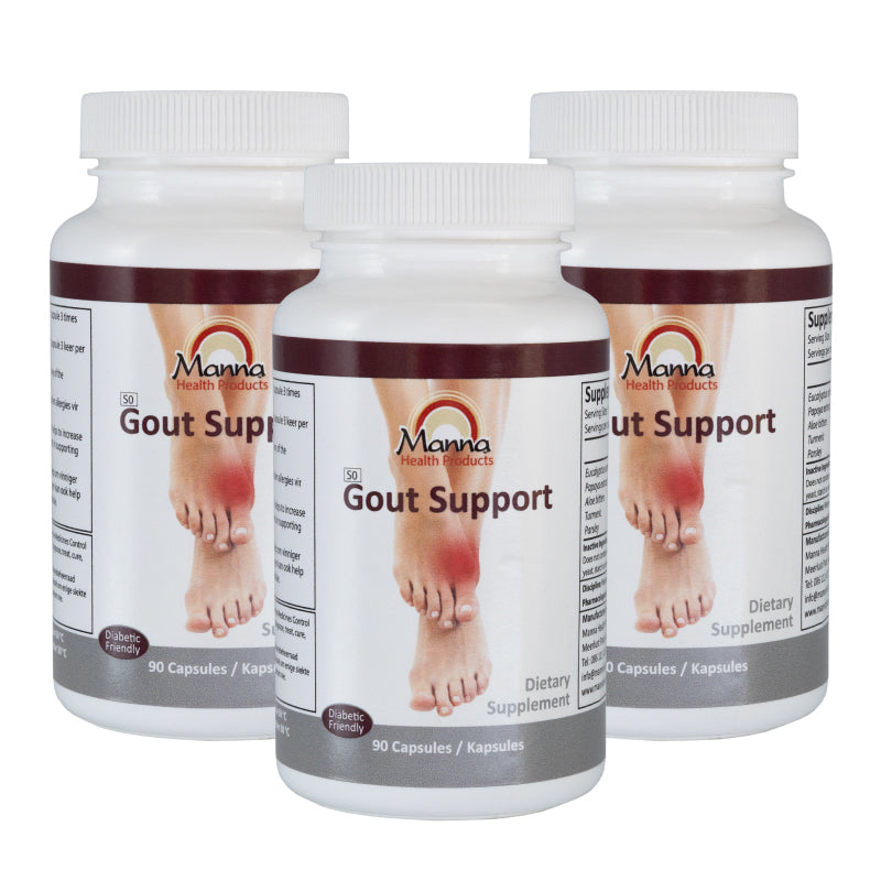 Three bottles of Manna Gout Support dietary supplement, designed for gout support and management.