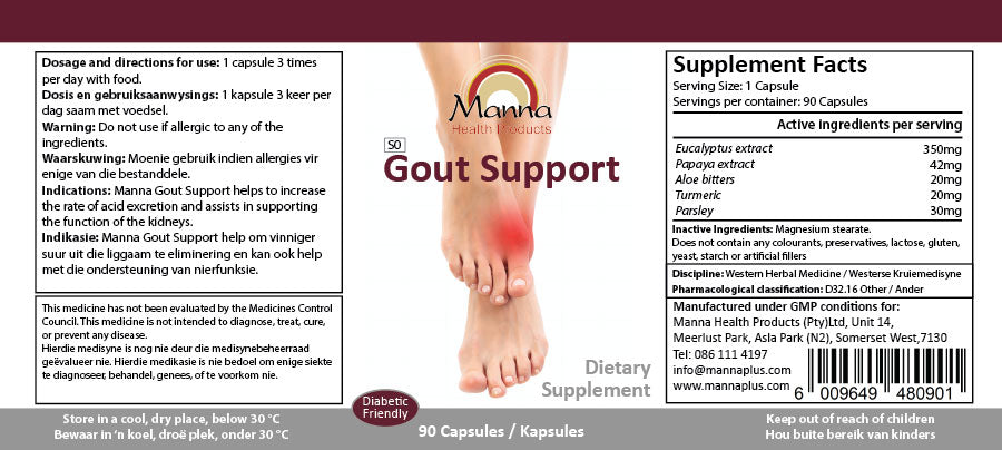 Manna Gout Support supplement label with product details and dietary information.