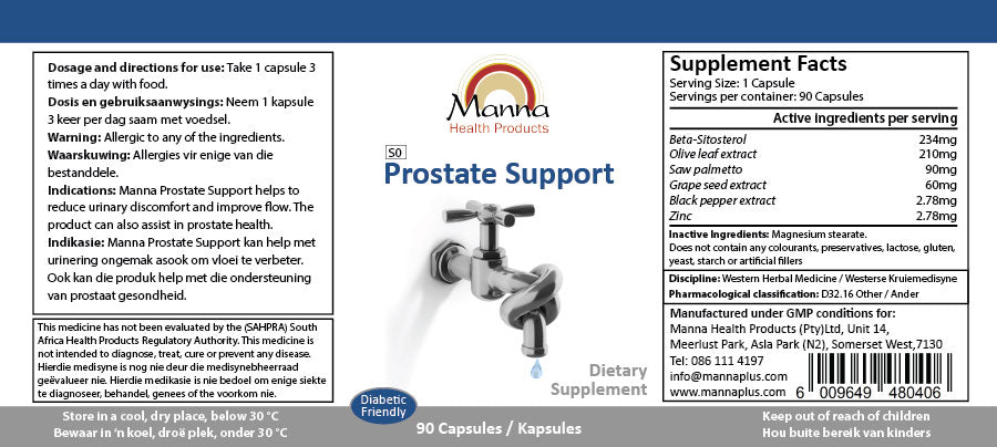 Manna Prostate Support supplement label with dosage and nutritional information