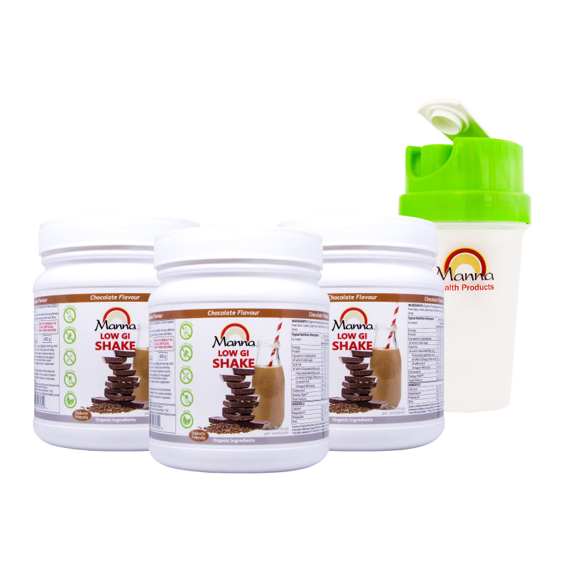 Three containers of Manna Low GI Shake in chocolate flavour, along with a free shaker cup.