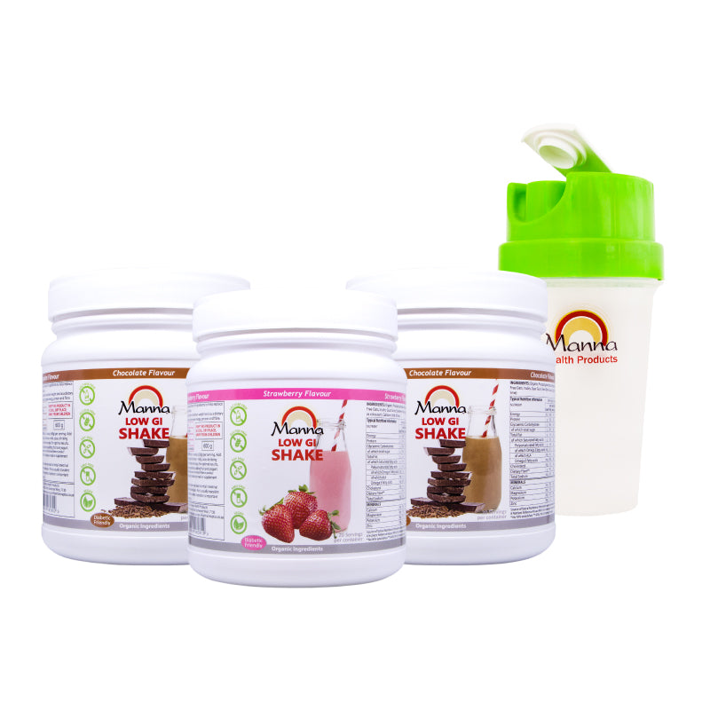Three containers of Manna Low GI Shake in strawberry and vanilla flavours, along with a free shaker cup.