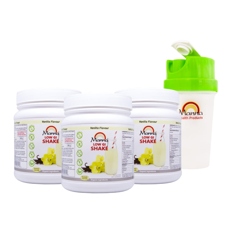Three containers of Manna Low GI Shake in vanilla, along with a free shaker cup.