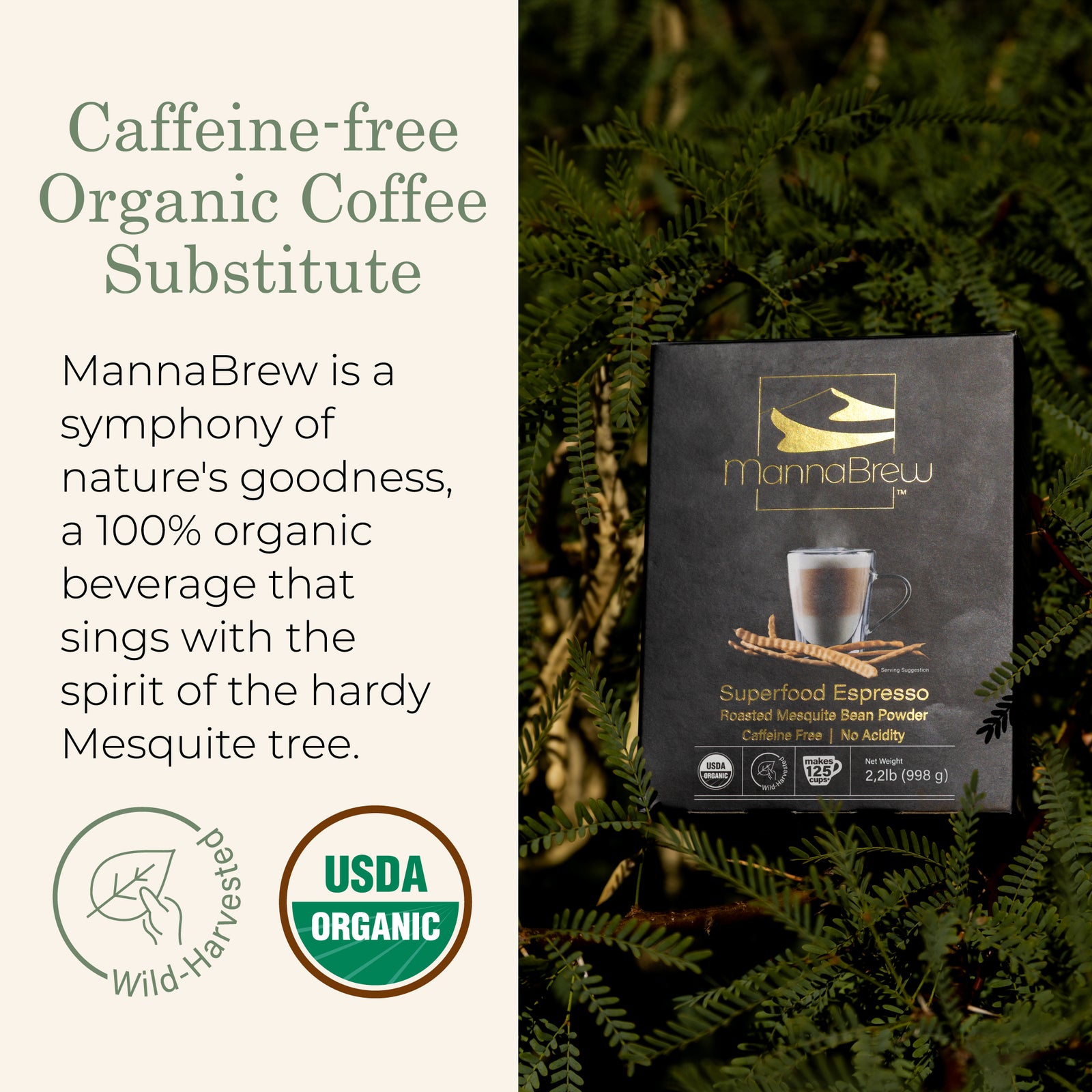 MannaBrew caffeine-free organic coffee substitute package on a green leafy background with text and USDA Organic logo on the side.