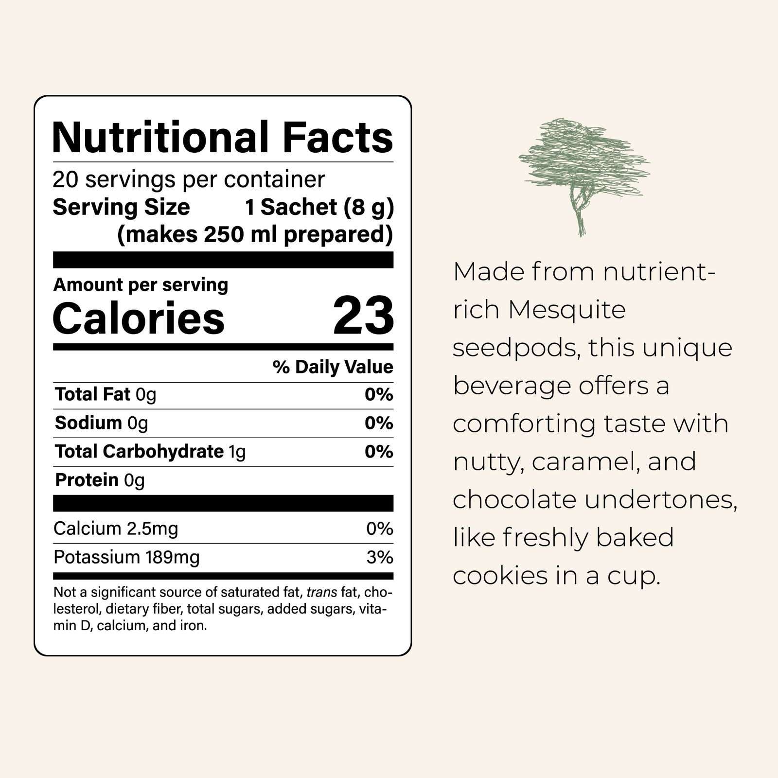 Nutritional facts label for MannaBrew with mesquite seedpod information on a beige background