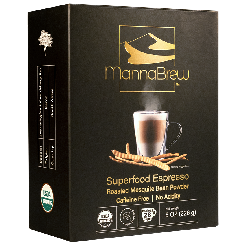 MannaBrew Superfood Espresso packaging with a latte and mesquite beans on a transparent background.