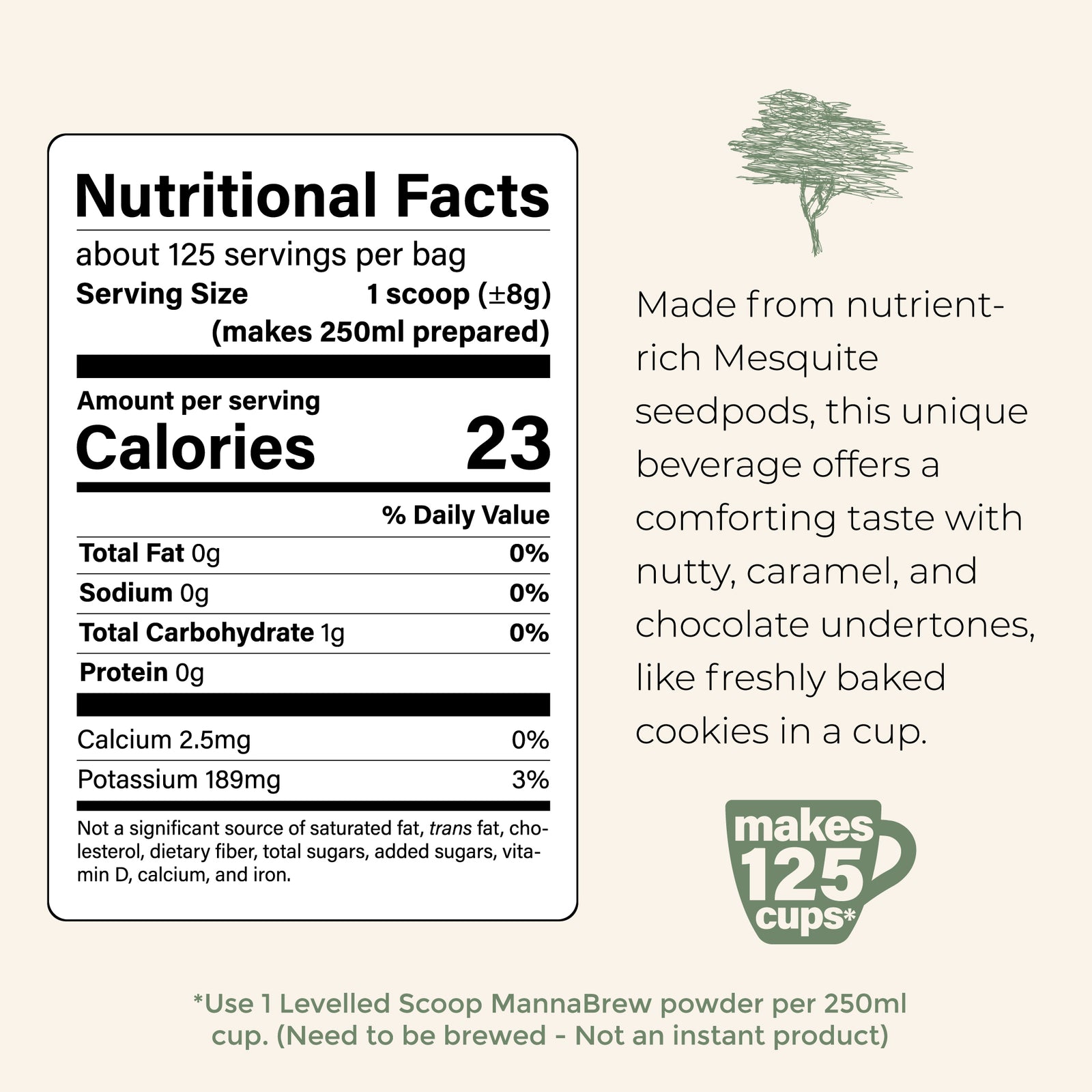 Nutritional facts label for MannaBrew Coffee Alternative