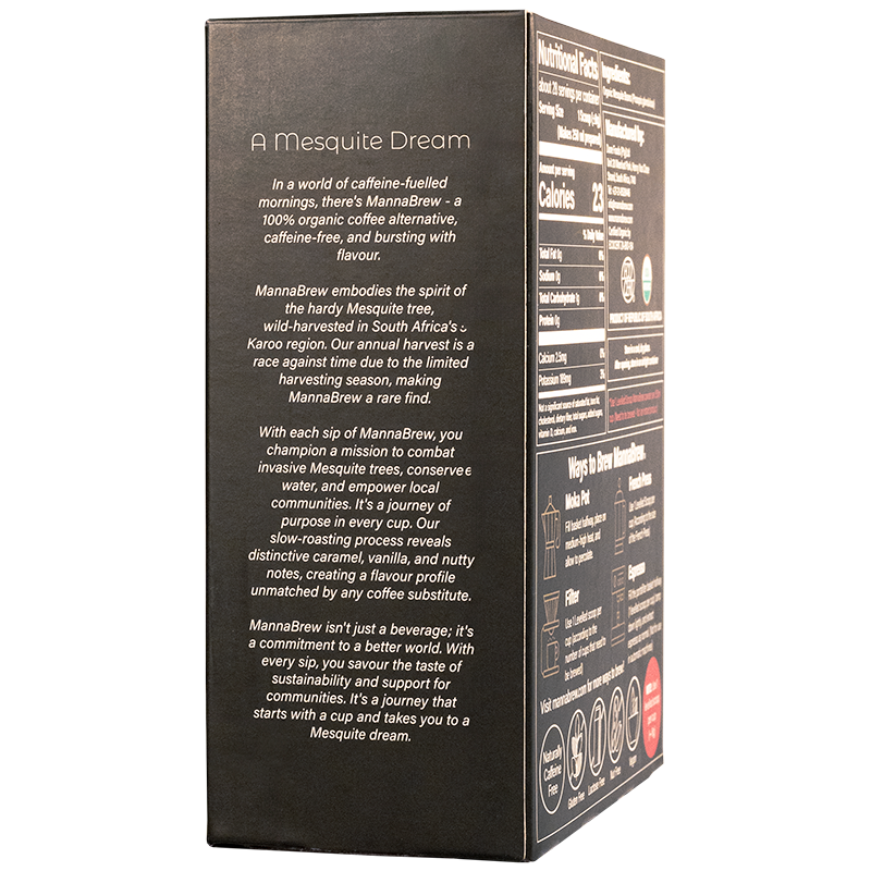 MannaBrew coffee packaging with text on a transparent background