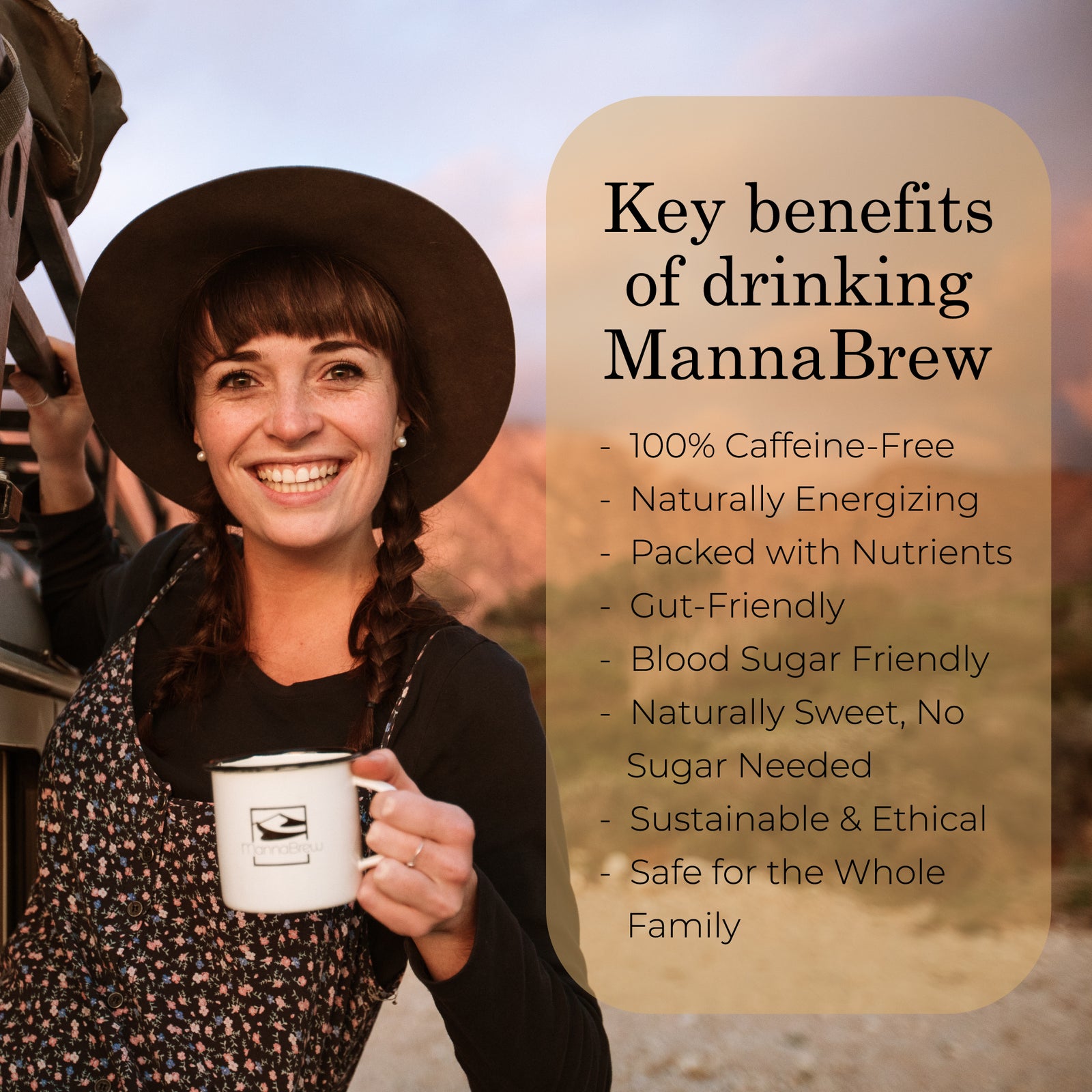 Woman holding a mug with text about MannaBrew benefits