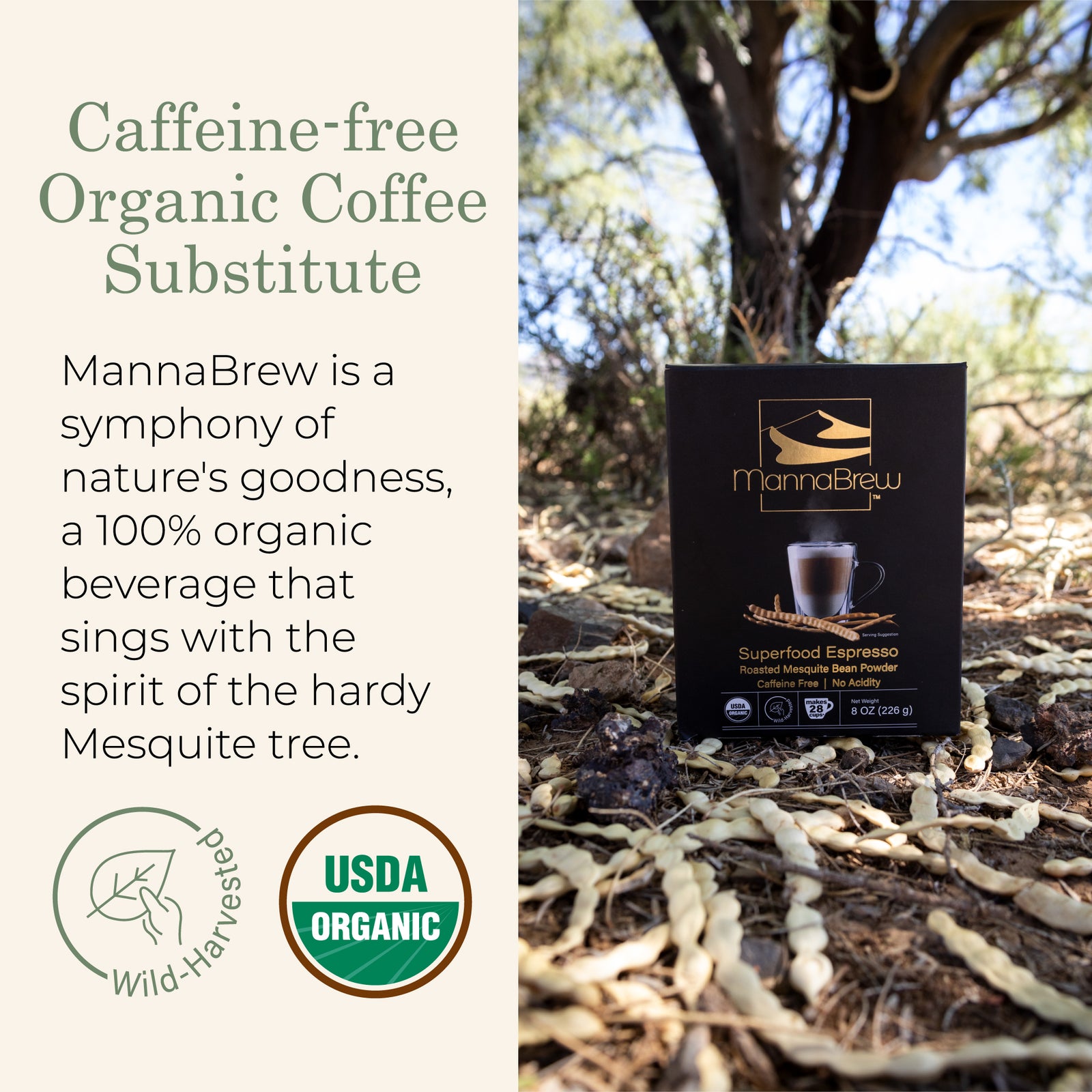 MannaBrew caffeine-free organic coffee substitute package in a natural setting with Mesquite tree and USDA Organic logo