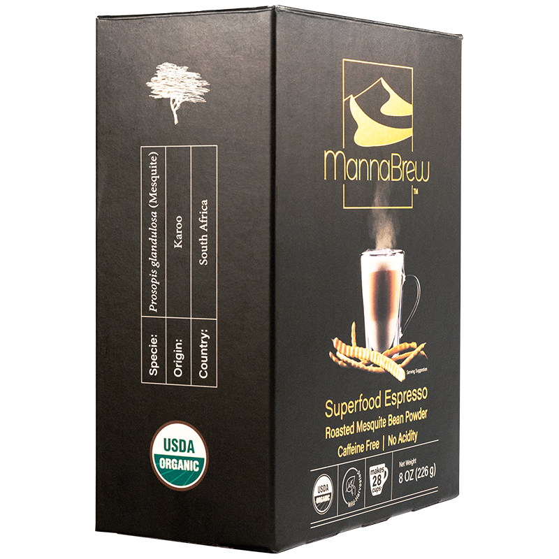 MannaBrew Superfood Espresso packaging with branding and product details.