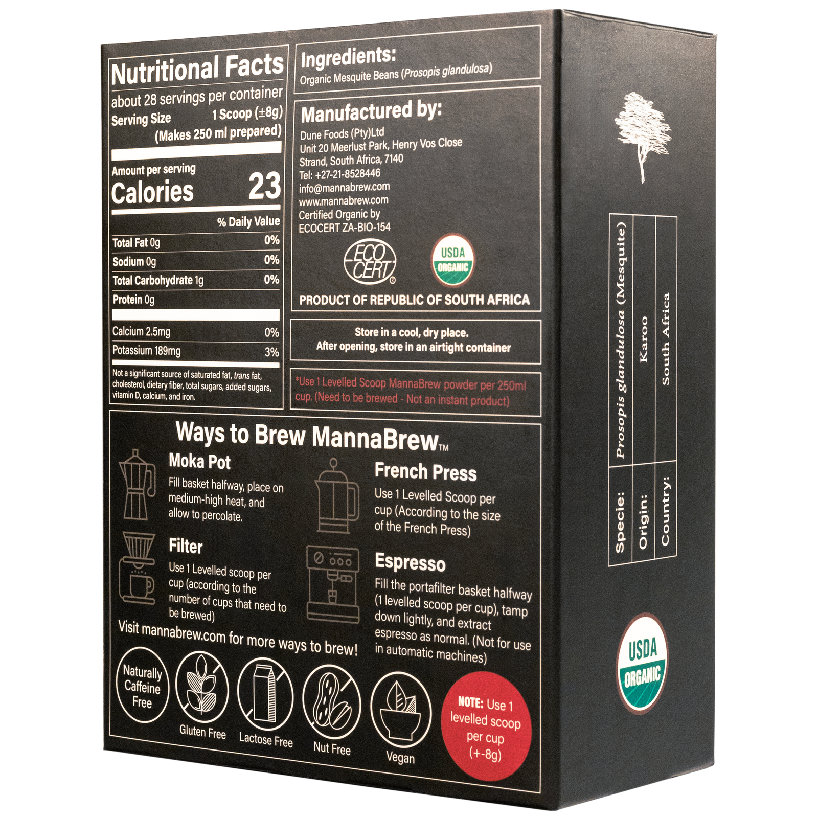 MannaBrew packaging with nutritional facts, ingredients, and brewing instructions on a black background.