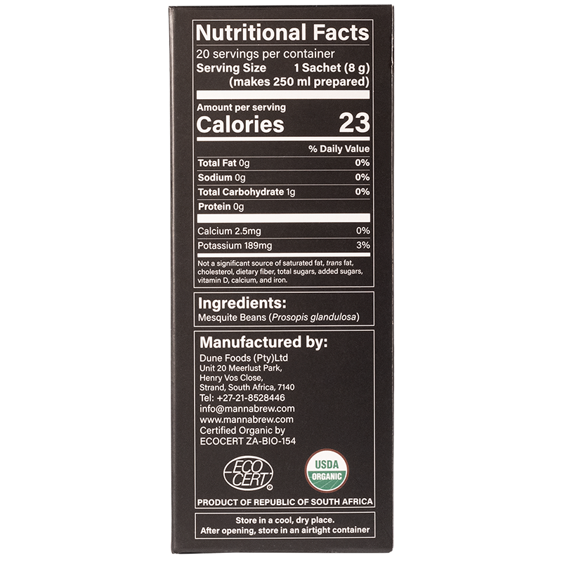 MannaBrew 20 Sachet nutritional facts label on a black background