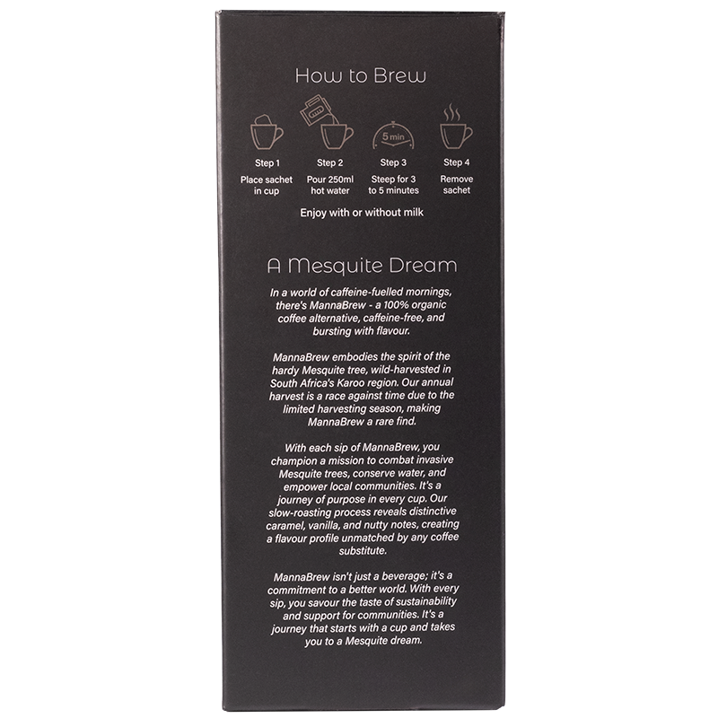 MannaBrew 20 sachets packaging with brewing instructions and product description on a black background