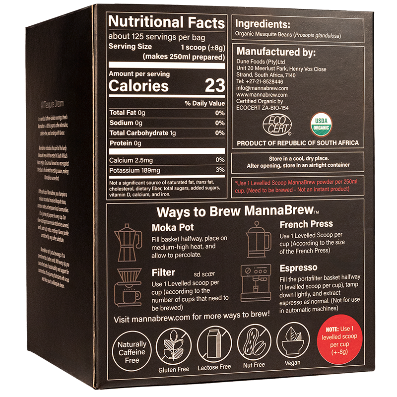 Back of a MannaBrew 1kg package with nutritional facts, ingredients, and brewing instructions.