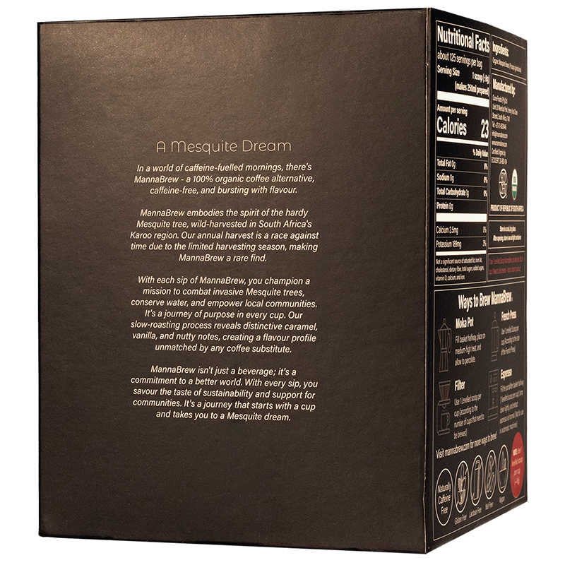 MannaBrew coffee package with text and nutritional information on a transparent background