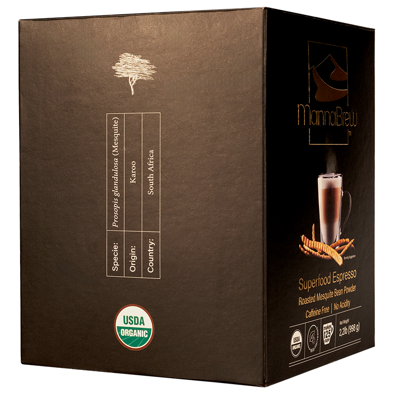 MannaBrew superfood espresso packaging with USDA Organic label on a transparent background