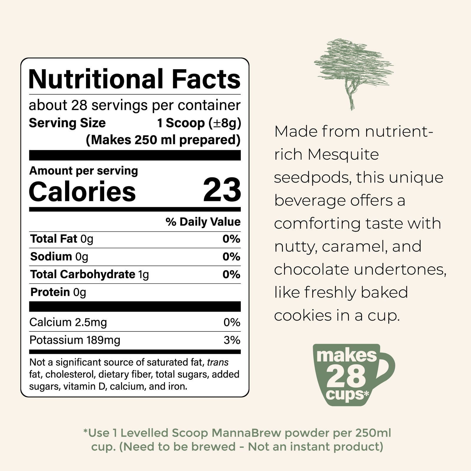 Nutritional facts label for MannaBrew, featuring a tree icon and text about flavor profile.